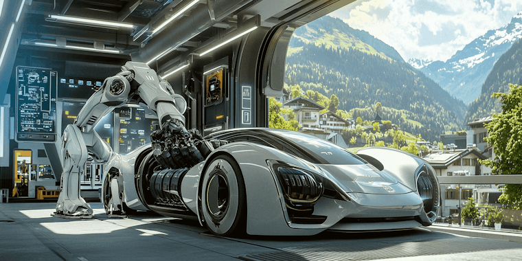 null Ein Roboter-Arm repariert ein futuristisches Fahrzeug