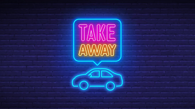 "Take away" Schriftzug mit Auto auf dunklem Hintetgrund