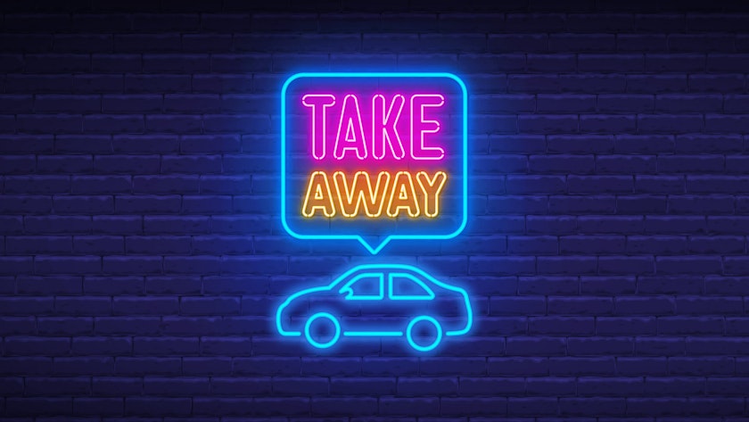 Inscription "Take away" avec voiture sur fond sombre