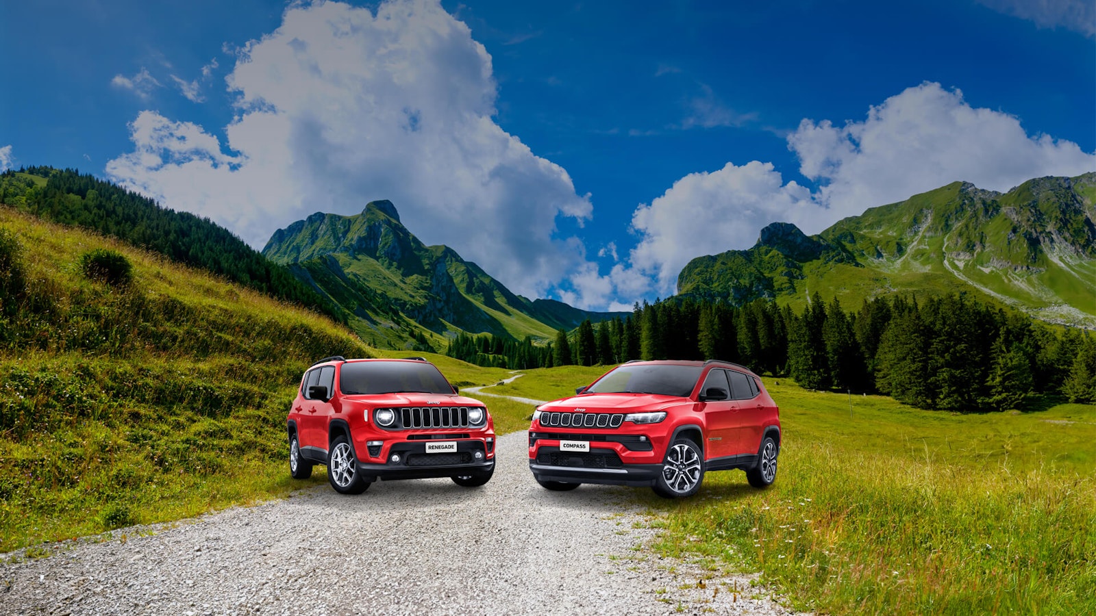 Jeep Renegade rossa e Jeep Compass rossa in montagna
