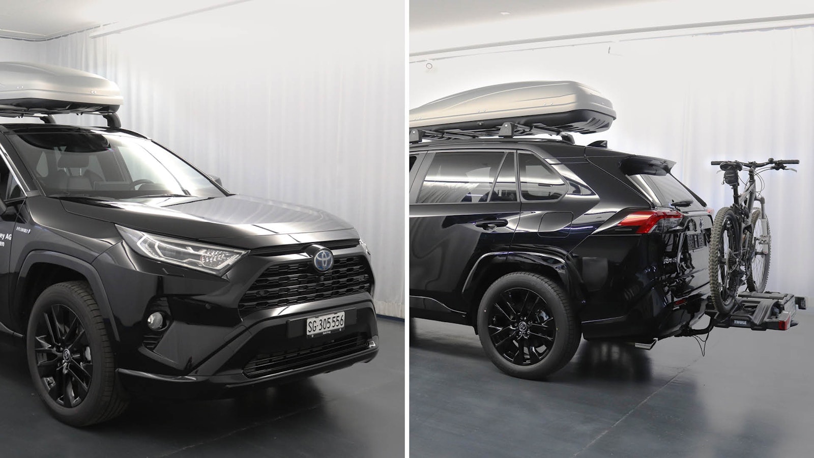 null Dachbox und Veloträger an schwarzem Toyota